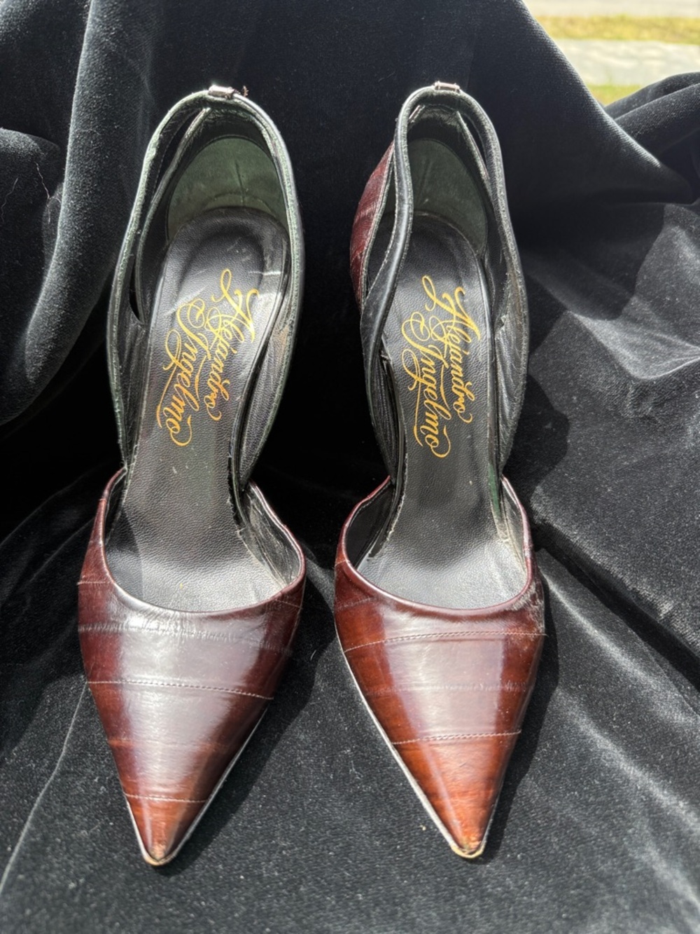 Alexandre Birman EEL SKIN Burgundy Brown Leather Pointed Toe Slingbacks